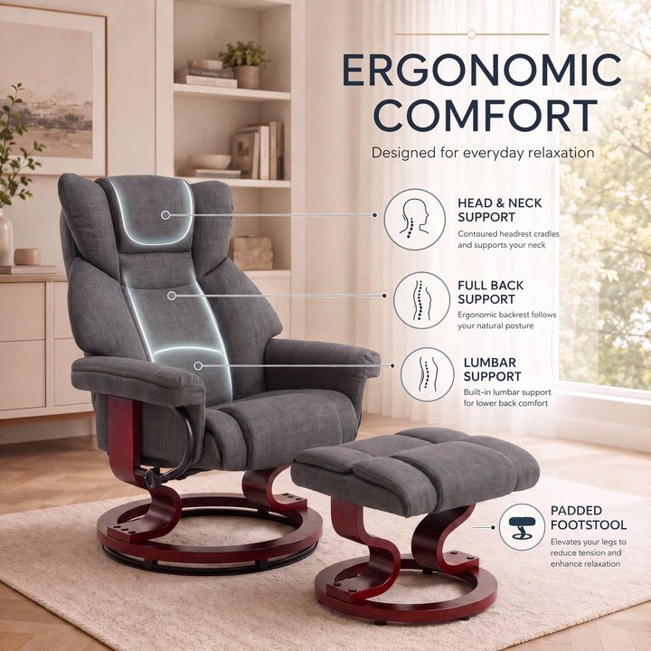 [Grey - Linen] swivel recliner chair with footstool offering ergonomic head, back and lumbar support
