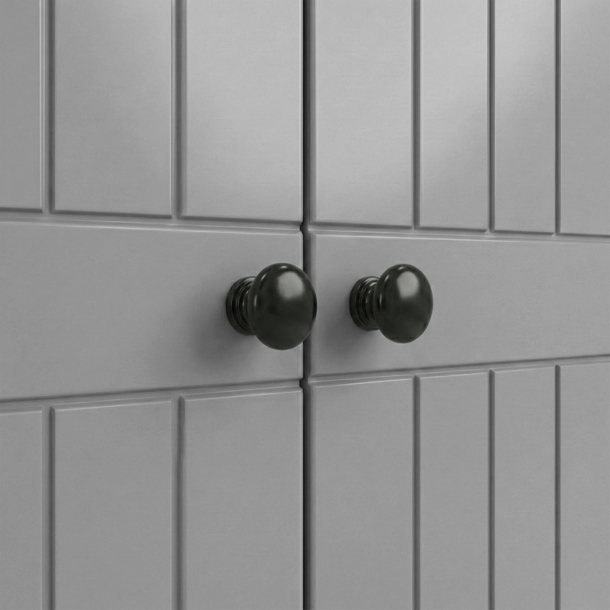 [Grey] Linra 2 door wardrobe handle close-up, twin black knobs at door meeting point, vertical groove pattern