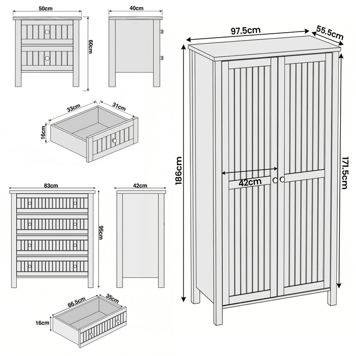 [Grey] Linra bedroom furniture set: wardrobe 97.5 x 55.5 x 186, chest 83 x 42 x 95, bedside 50 x 40 x 60 cm