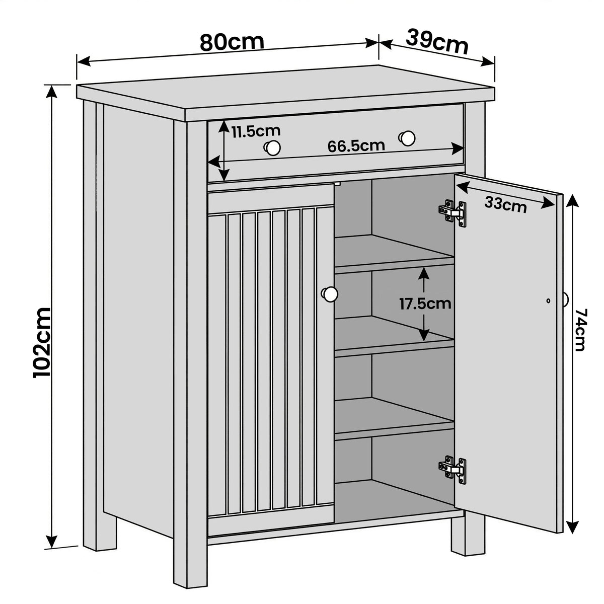 [Grey] Linra shoe cabinet dimension diagram showing 80cm width, 39cm depth, 102cm height, and 17.5cm shelf spacing