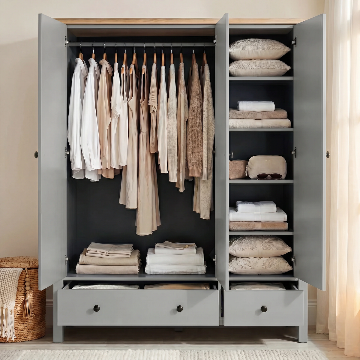[Grey] Linra Painted 4 Piece Bedroom Furniture Set Grey triple wardrobe open showing hanging rail with neutral clothing, shelved compartment with linens, and open base drawers