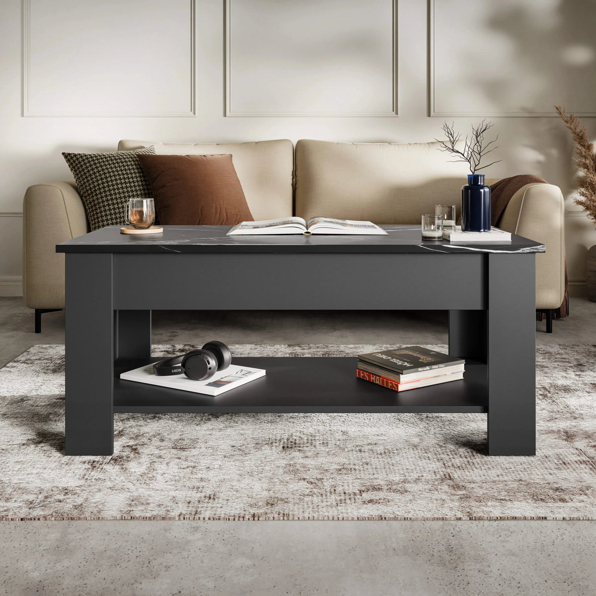[Grey + Marble Black] Lift top coffee table with dark marble top in lounge setting, items stored on lower display shelf