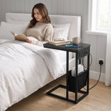 [Grey Marble] side table beside bed with grey marble-effect top, charging station, lamp, phone and storage pouch