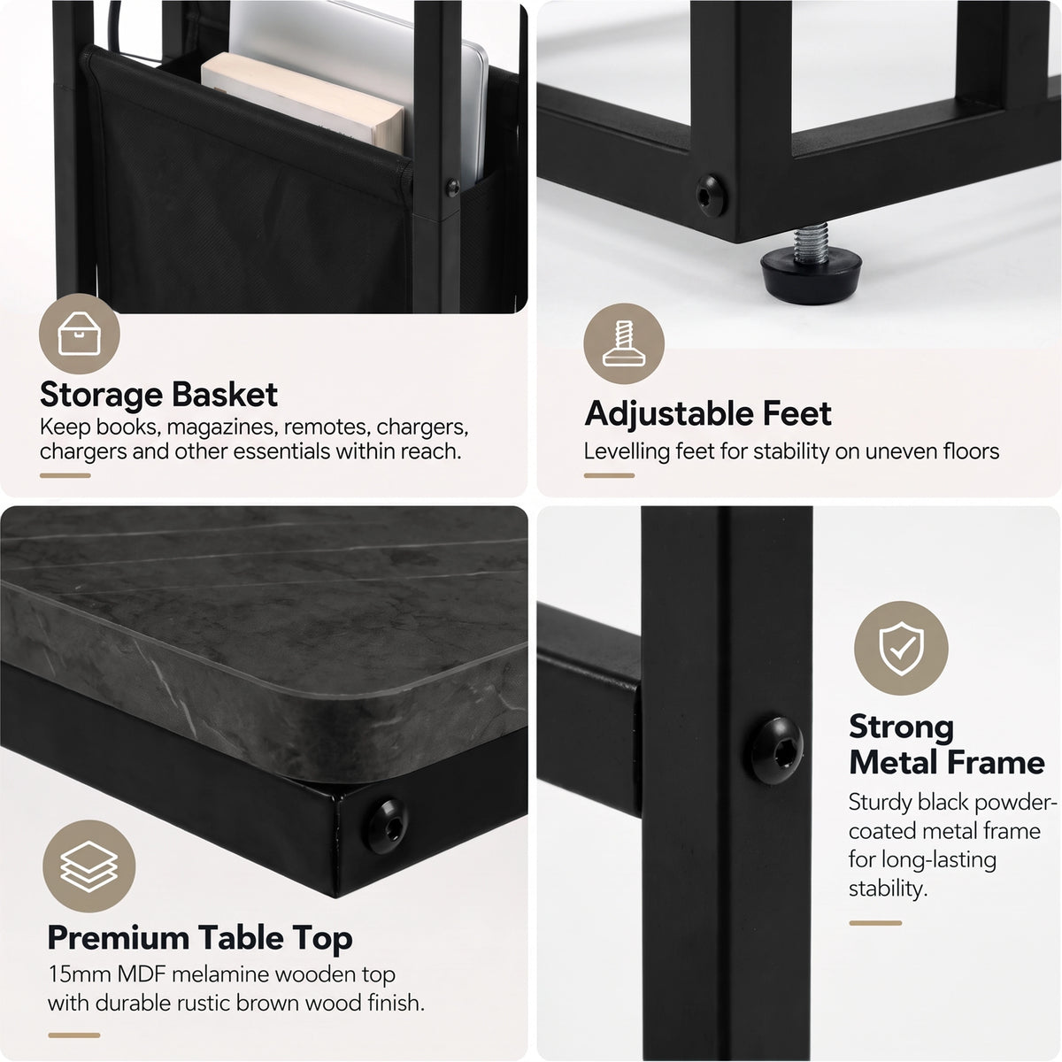 [Grey Marble] feature graphic: storage basket, premium tabletop and strong metal frame details
