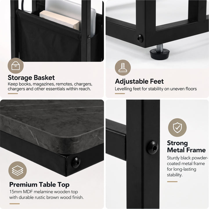 [Grey Marble] feature graphic: storage basket, premium tabletop and strong metal frame details