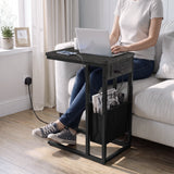 [Grey Marble] C-shaped side table by sofa with grey marble-effect top, socket panel, black pouch and sofa base