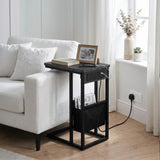 [Grey Marble] sofa side table side view with grey marble-effect top, socket panel, tea, power cable and storage pouch