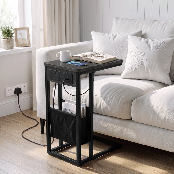 [Grey Marble] sofa side table side view with grey marble-effect top, socket panel, tea, power cable and storage pouch
