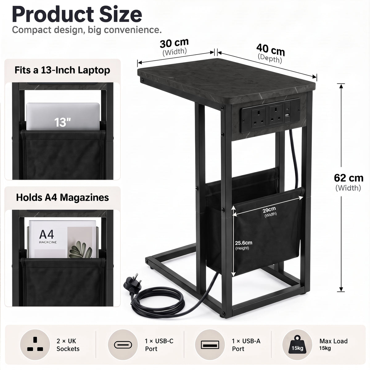 [Grey Marble] table size: 30Wx40Dx62H cm; pouch for 13-inch laptop & A4 magazines; USB-A/C, 2 UK sockets,  15kg weight limit