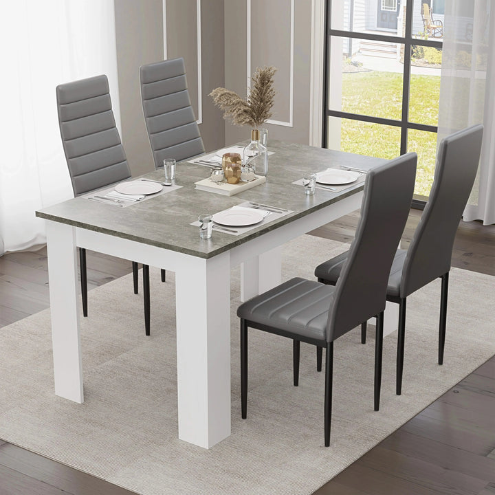 [4 Seater | Grey] 4 grey ribbed faux leather chairs at grey marble 120cm table by window