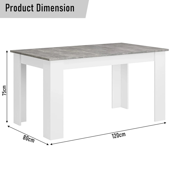 [4 Seater | Grey] Diagram: 4 seater grey marble dining table 120 x 80 x 75 cm, white legs