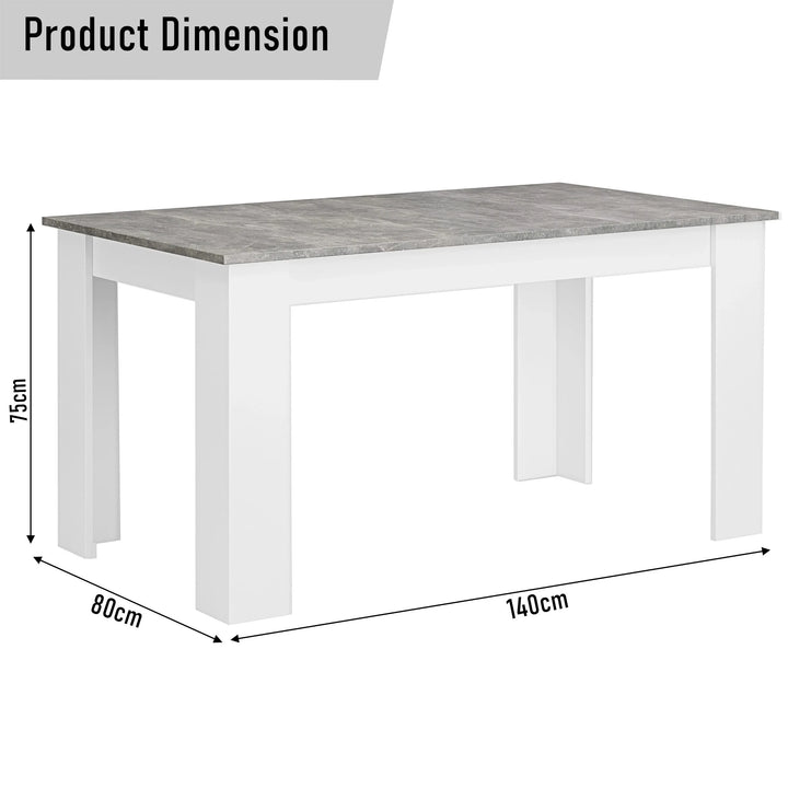 [6 Seater | Grey] Diagram: 6 seater grey marble dining table 140 x 80 x 75 cm, white legs