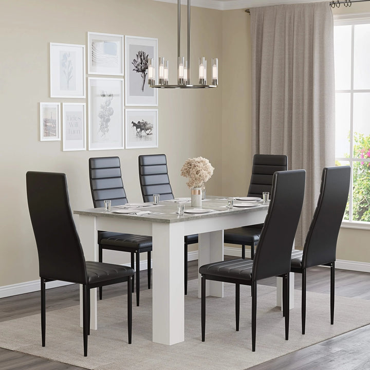 [6 Seater | Black] 6 black chairs at grey marble table under linear pendant, gallery wall
