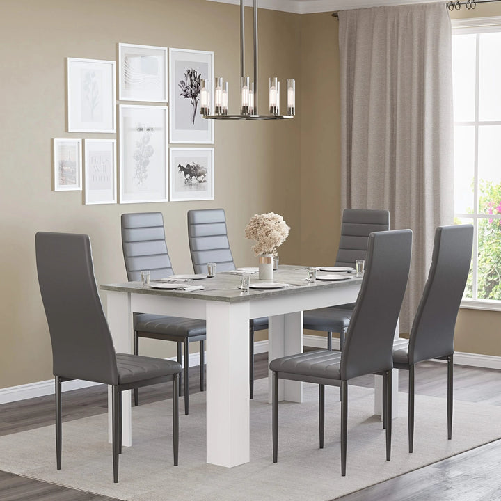 [6 Seater | Grey] Wall-gallery scene: grey marble 6 seater table, 6 grey high-back chairs