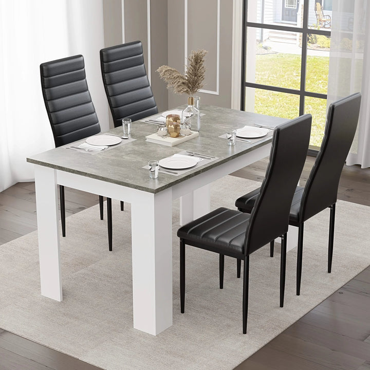 [4 Seater | Black] 4 black ribbed faux leather chairs at grey marble 120cm table by window