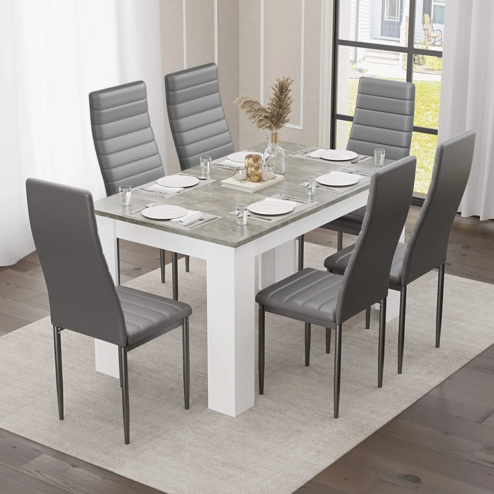 [6 Seater | Grey] 6 grey ribbed faux leather chairs at grey marble 140cm table by window