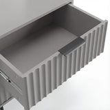 [Grey] Open top drawer of grey 2 drawer bedside table with fluted front and dark metal pull