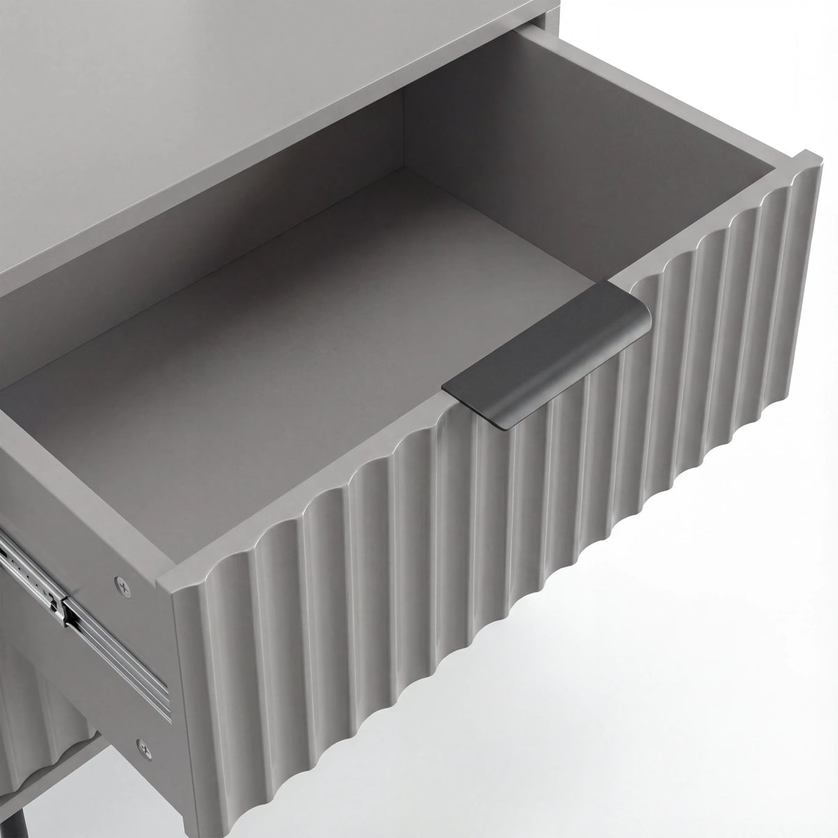 [Grey] Open top drawer of grey 2 drawer bedside table with fluted front and dark metal pull