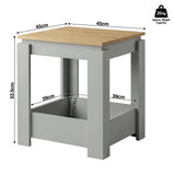 [Grey] Size guide showing a 45 x 45 cm top, 53.5 cm height, 39 x 39 cm lower shelf, 11 cm front panel and 25 kg approximate capacity