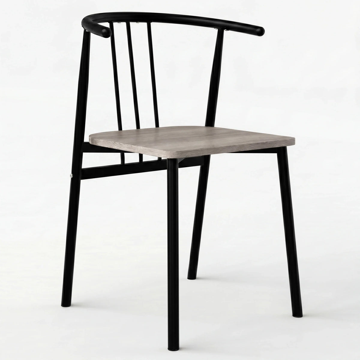 [Grey] Torvi dining chair with black tubular metal frame, spindle back, armrests and grey oak seat pad