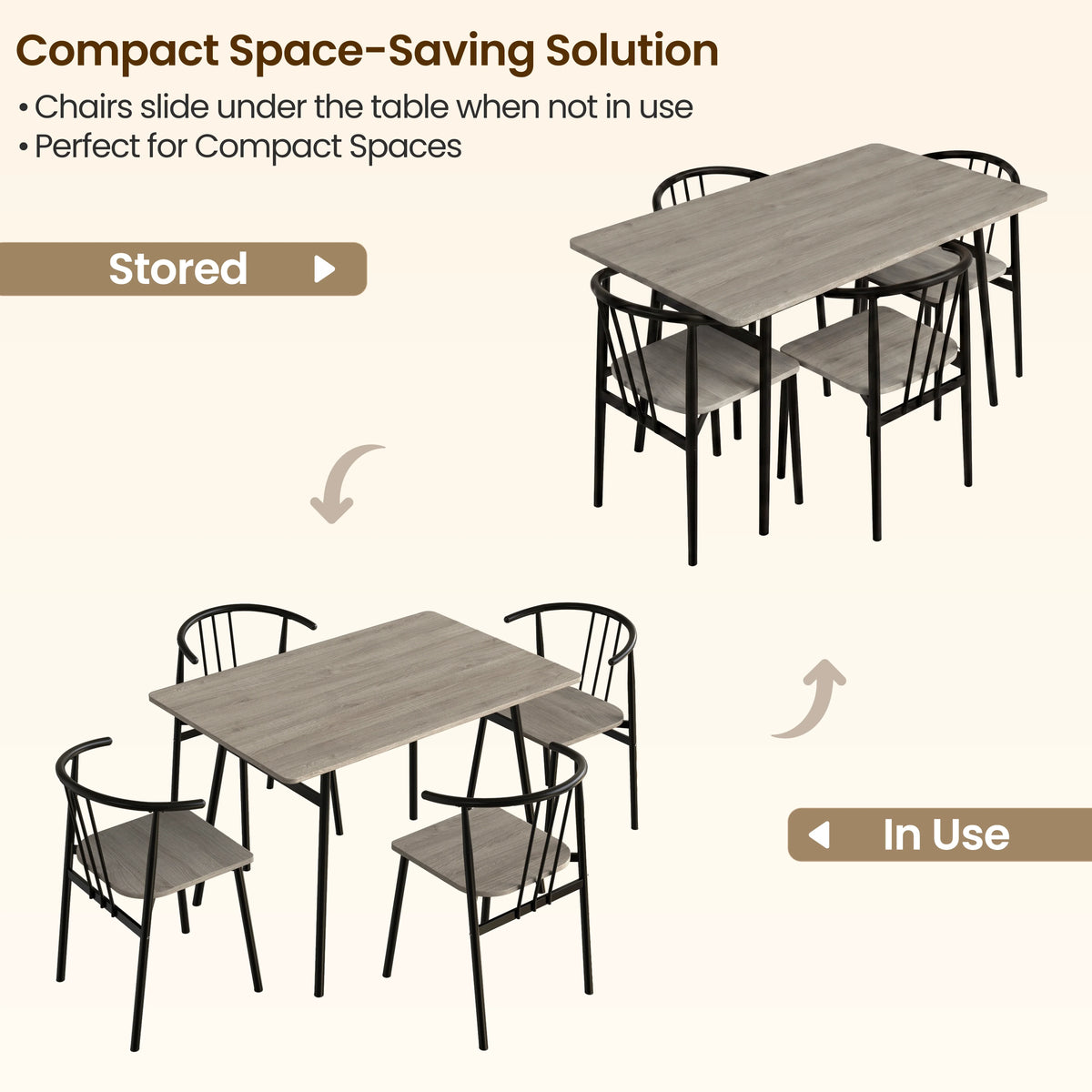 [Grey] Torvi dining set infographic showing four chairs tucked under table for compact space-saving storage