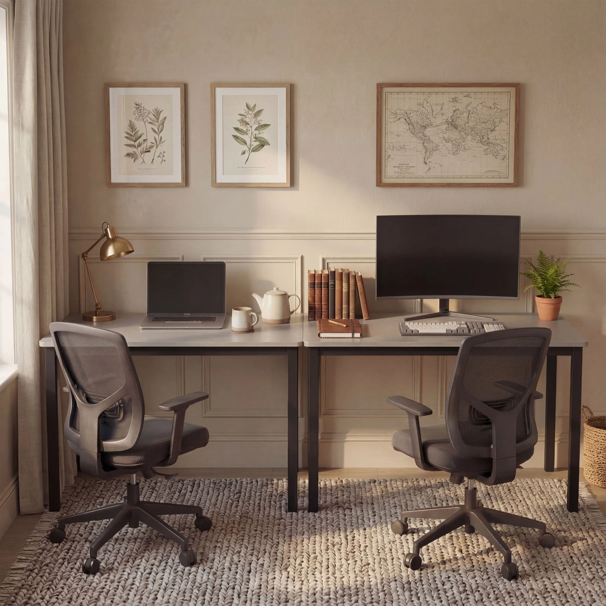 [100 X 50 cm] Office Desk arranged as dual workstation in a beige room with botanical art, world map, mesh chairs, laptop, and curved monitor