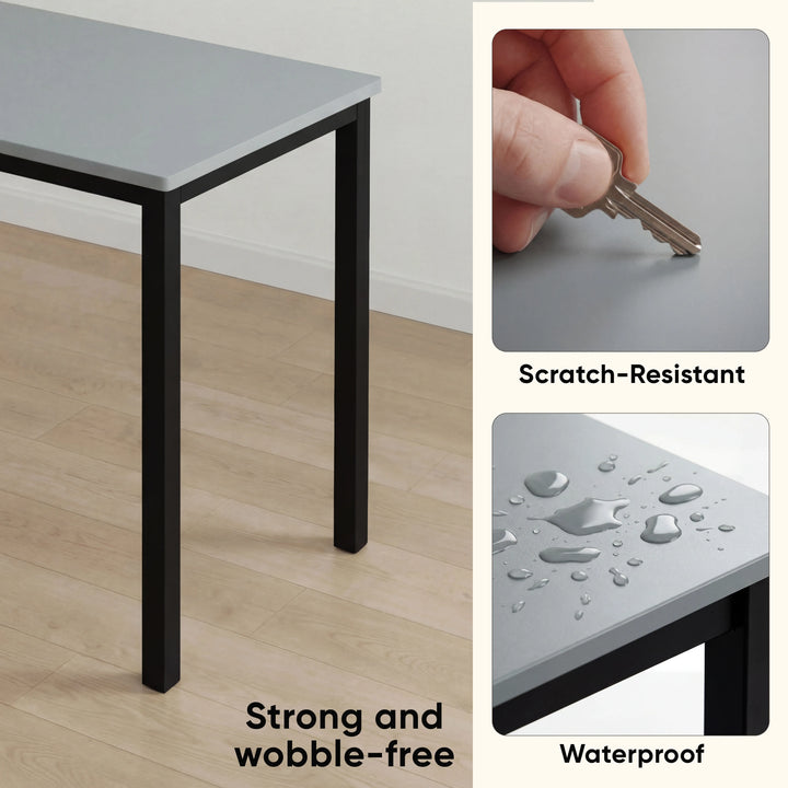 [100 X 50 cm] Office Desk close-up showing strong wobble-free metal legs, scratch-resistant surface tested with key, and waterproof tabletop with droplets