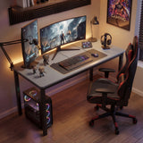 [100 X 50 cm] Office Desk styled as immersive gaming setup with curved monitor, mechanical keyboard, headphones, microphone, gaming chair, and ambient lighting