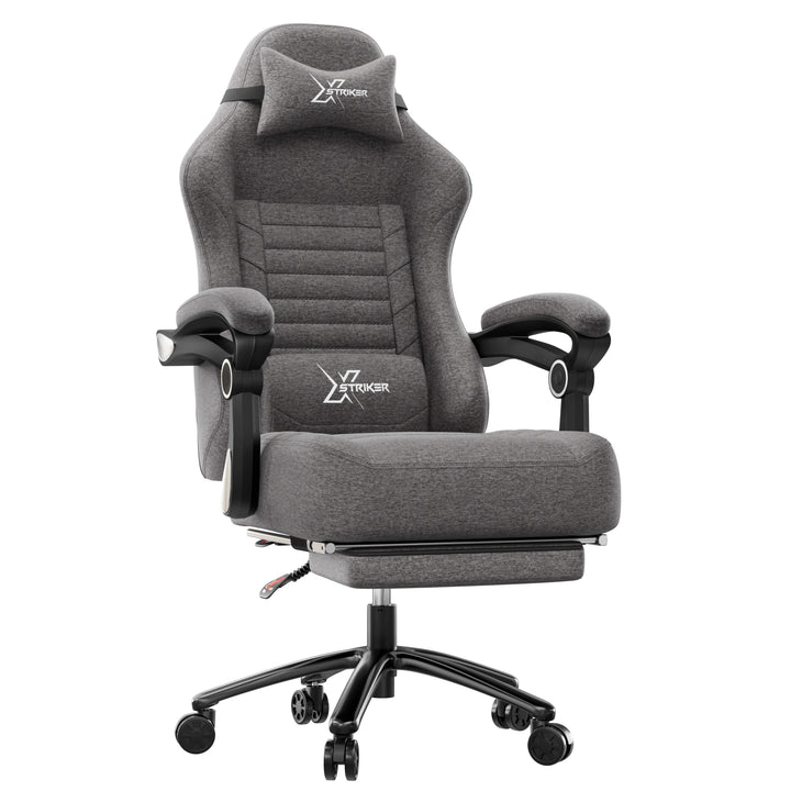 [Grey] A grey office chair with Xstriker branding on a white background