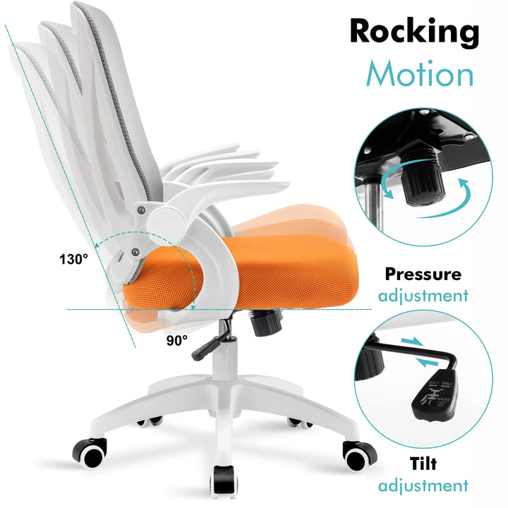 [Grey + Orange] Grey and orange swivel desk chair with adjustable height and tilt lock, offering ultimate comfort during long work sessions.