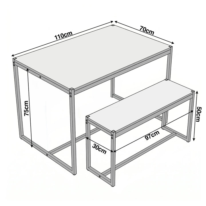 [Grey] Orvak Dining Table with Bench Set 4 Seater size diagram showing table and bench measurements in cm