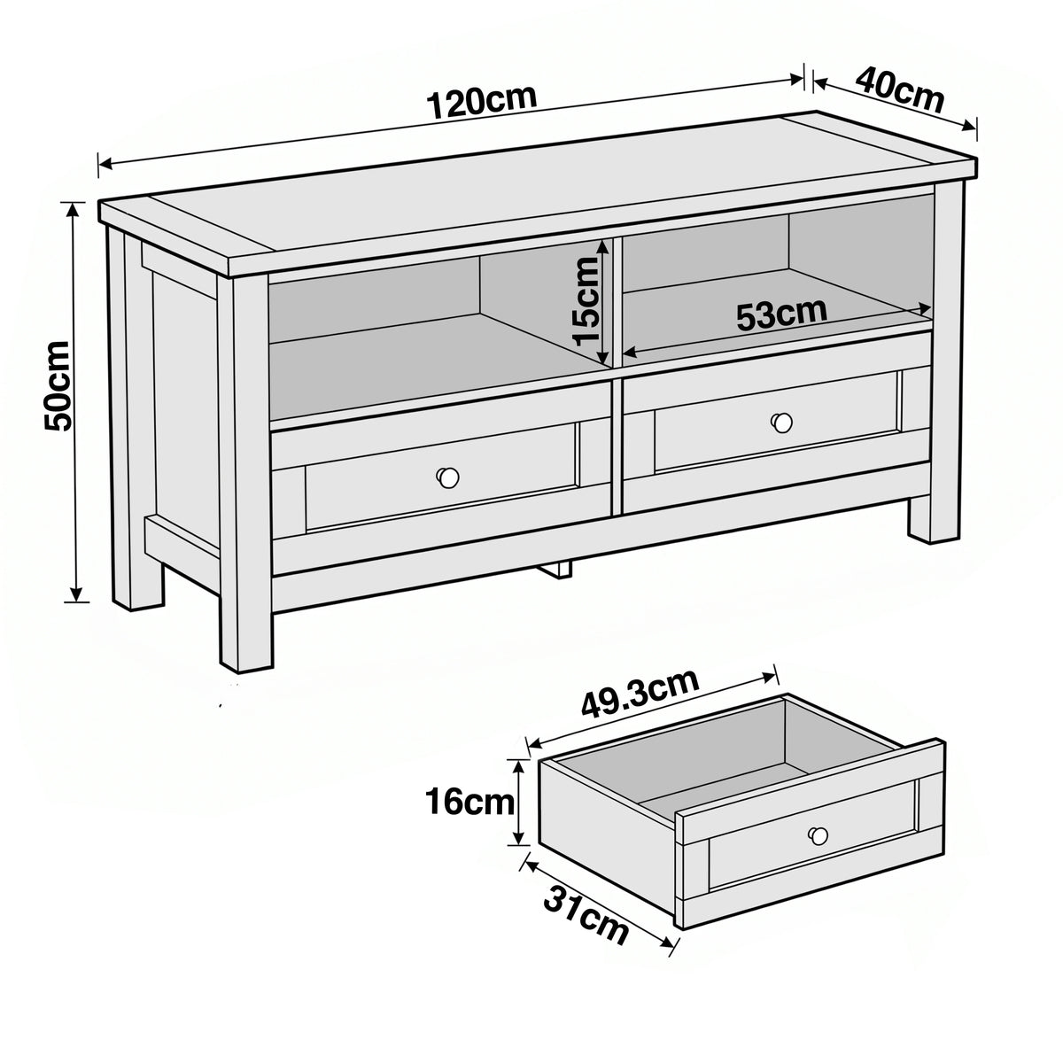 [Grey] Oskara TV unit line drawing showing overall dimensions of 120x50x40cm with drawer internal measurements of 49.3x31x16cm