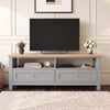 [Grey] Front view of the Oskara Grey Painted TV Unit showing two drawers and open media console shelves.