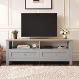 [Grey] Front view of the Oskara Grey Painted TV Unit showing two drawers and open media console shelves.