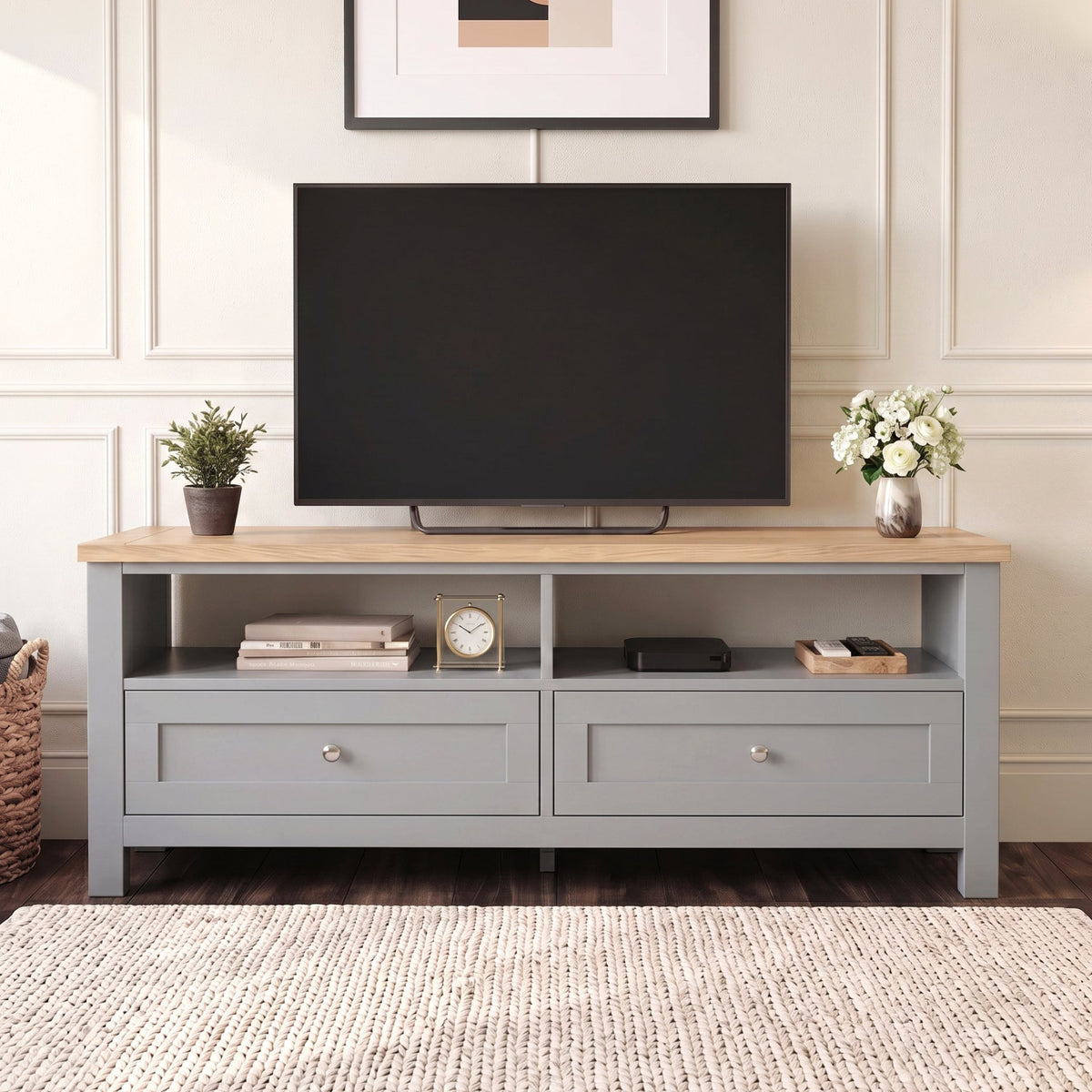 [Grey] Front view of the Oskara Grey Painted TV Unit showing two drawers and open media console shelves.