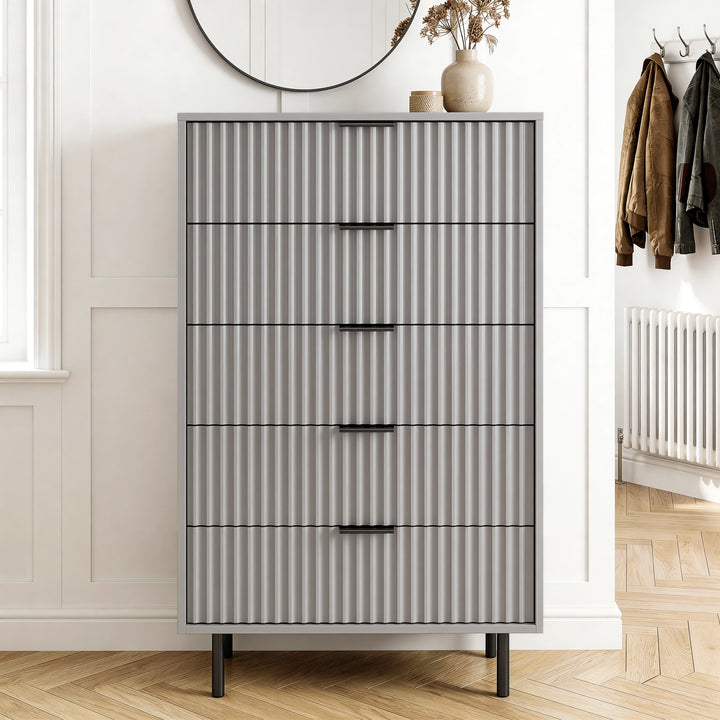 [Grey] bedroom chest of drawers front view with structured lines and horizontal metal handles