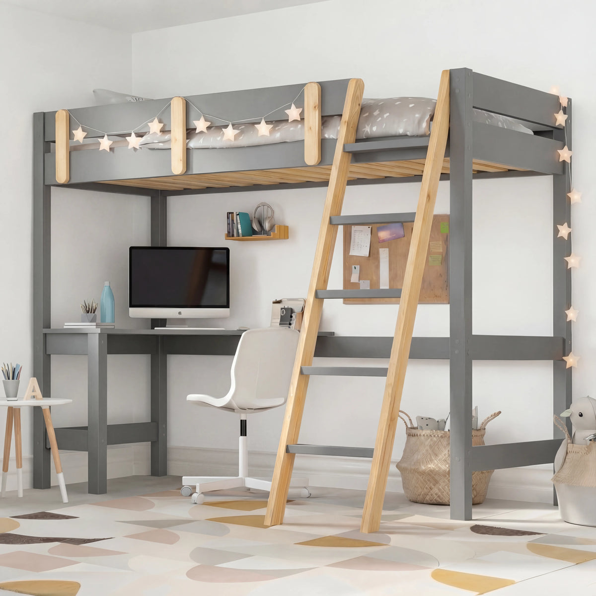 [Grey + Pine] Loft bed front view showing raised sleeping platform with desk workspace and swivel chair underneath