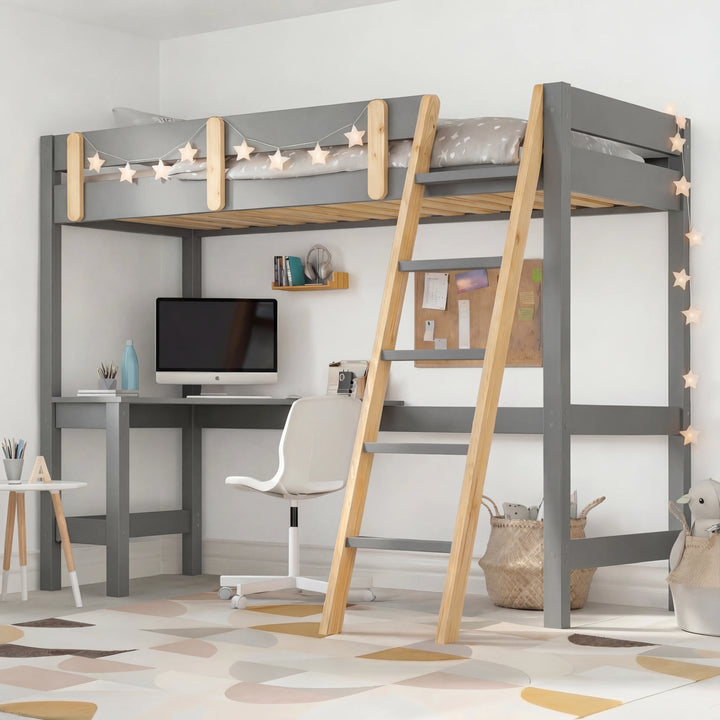 [Grey + Pine] Loft bed front view showing raised sleeping platform with desk workspace and swivel chair underneath