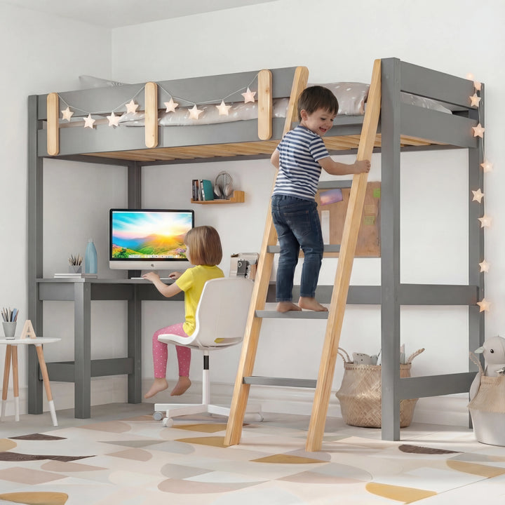 [Grey + Pine] bunk bed full room view with study desk area below and boy climbing on elevated platform