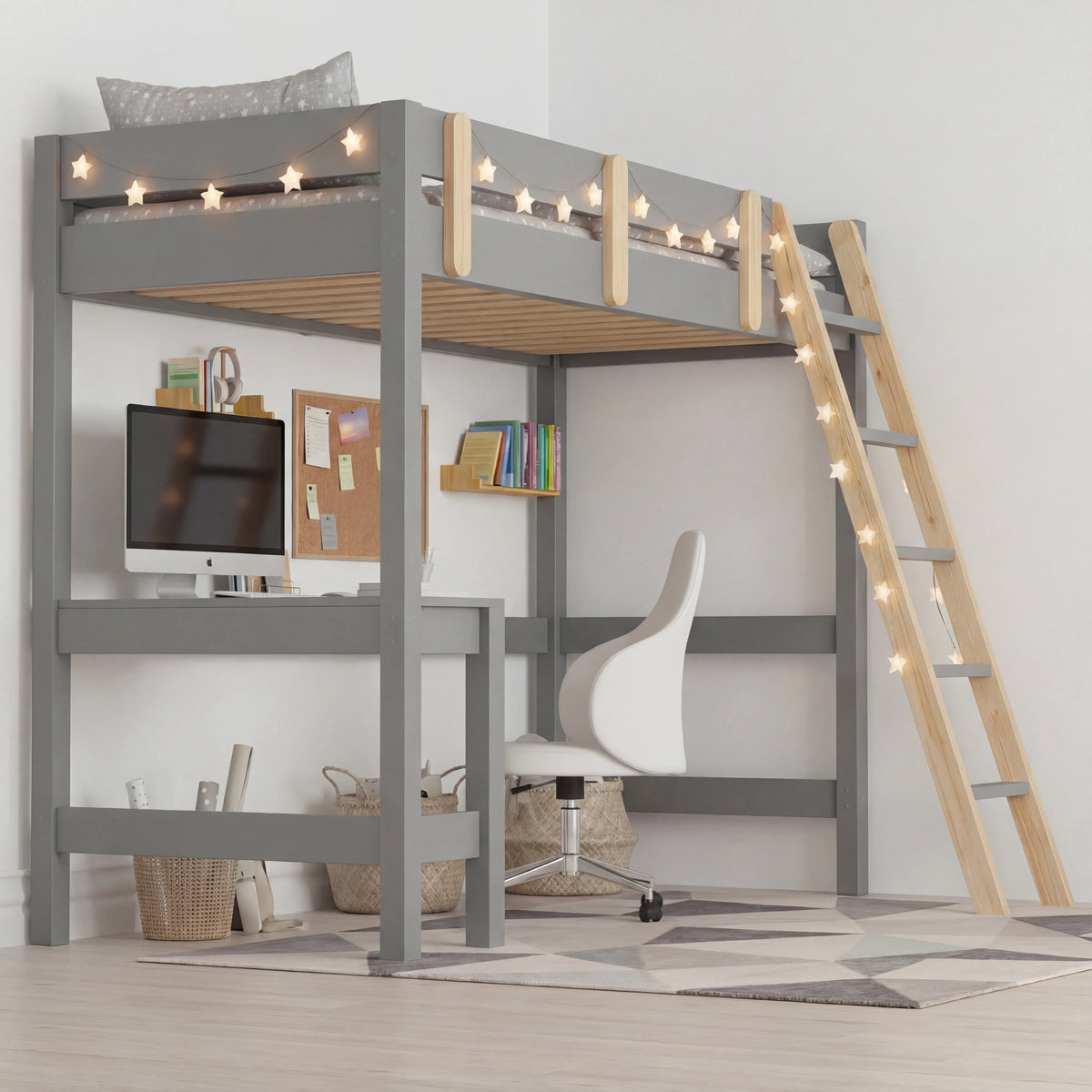 [Grey + Pine] bunk bed side angle view with angled pine ladder and desk with desktop and chair visible below
