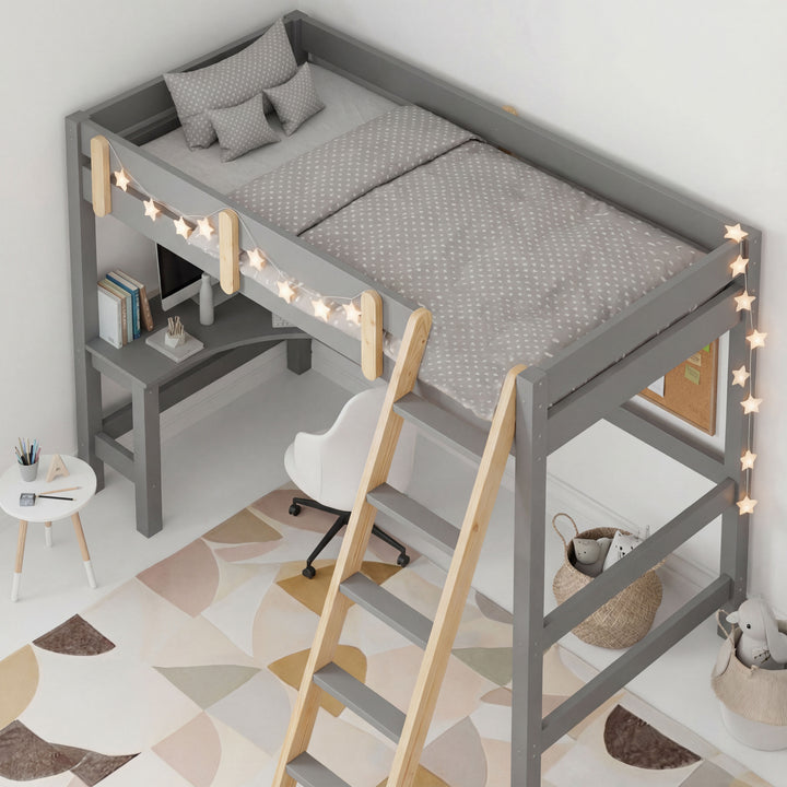 [Grey + Pine] Bunk bed overhead side angle view with angled pine ladder and desk with chair beneath frame