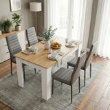 [4 Seater | Grey] Dining Table and Chairs Set with four grey faux leather chairs around a pine-top table in a minimal grey dining room with sideboard