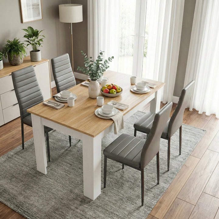 [4 Seater | Grey] Dining Table and Chairs Set with four grey faux leather chairs around a pine-top table in a minimal grey dining room with sideboard