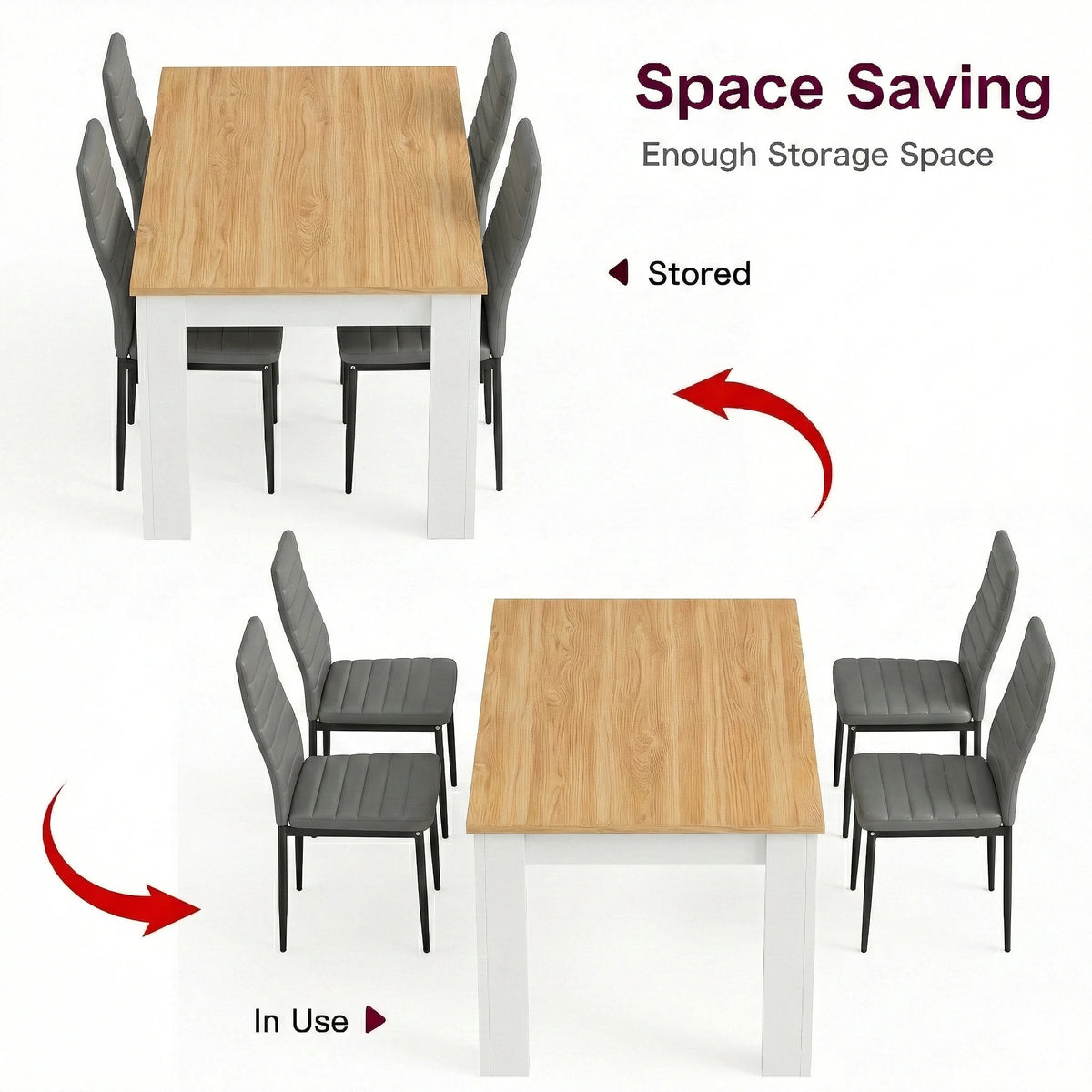 [4 Seater | Grey] Dining Table and Chairs Set shown in two configurations — grey chairs tucked in for storage and pulled out for use around the table