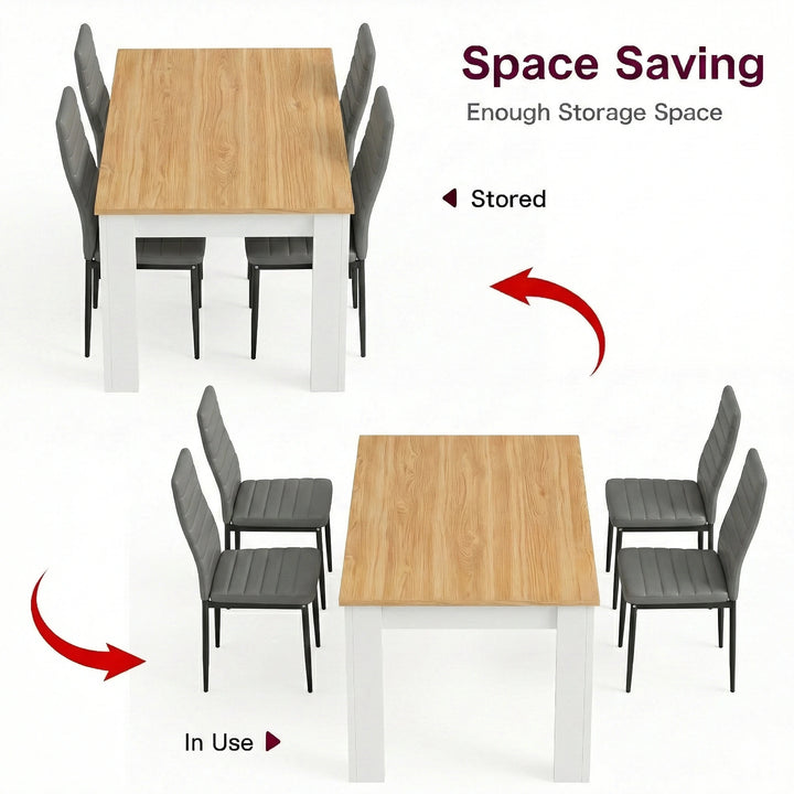 [4 Seater | Grey] Dining Table and Chairs Set shown in two configurations — grey chairs tucked in for storage and pulled out for use around the table
