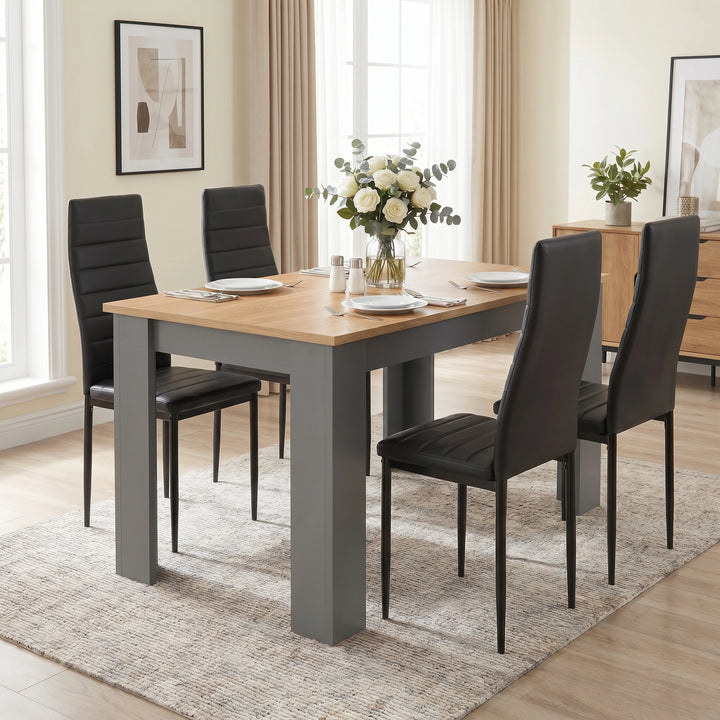 [4 Seater | Black] Grey & Pine 4-6 Seater Dining Table front view with four black faux-leather chairs and a rose centrepiec