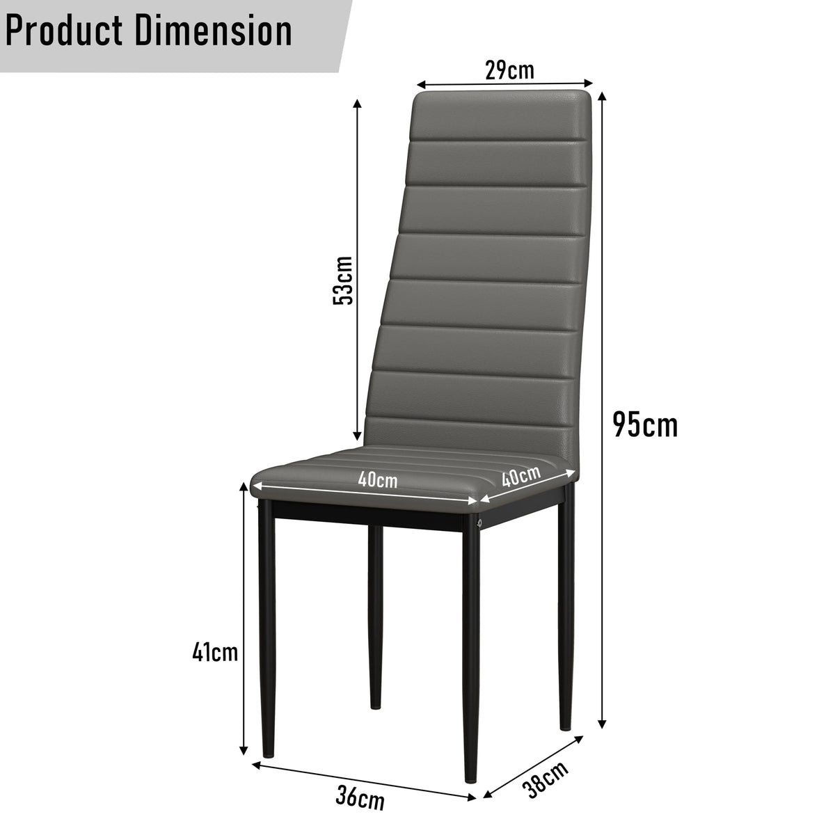 [4 Seater | Grey] grey PU leather dining chair dimensions: 95 cm height, 40 cm seat, 41 cm leg, 53 cm back