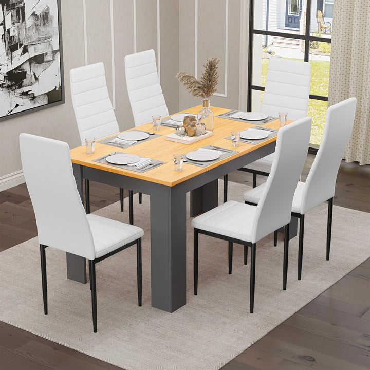 [6 Seater | White] lifestyle dining scene with six white PU leather high back chairs around pine top table
