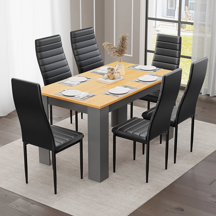 [6 Seater | Black] indoor dining setup with pine top table for 6 and black high back chairs in daylight