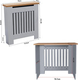 [Small | Grey] Radiator Cover dimensions showing 78cm width, 83.2cm height, and 16.9cm internal depth from front and rear angles